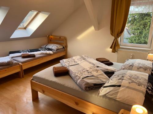 a bedroom with two beds and a window at Alles Gute Wehlen in Stadt Wehlen