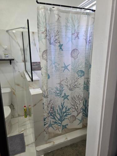 a bathroom with a shower with a shower curtain at Tony's Place in Christ Church