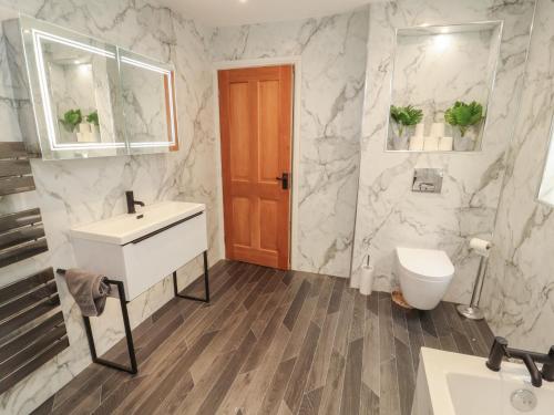 a bathroom with a white sink and a toilet at Sugar Loft in Wigton