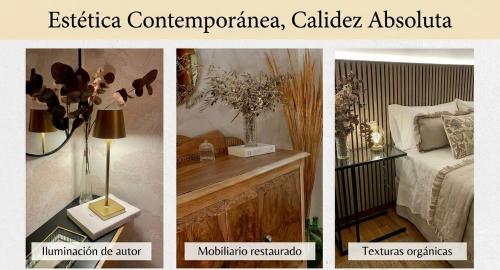 a collage of pictures of a bedroom with a bed and a lamp at Ocre y Cal in Consuegra