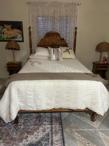 a bedroom with a large bed with a white comforter at Pink house in Port Antonio
