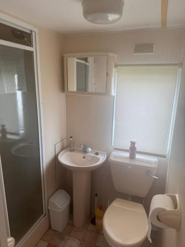 a bathroom with a toilet and a sink and a shower at Ingoldmells holiday in Ingoldmells