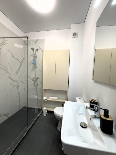a bathroom with a shower and a toilet and a sink at VIBE Apartments in Năvodari
