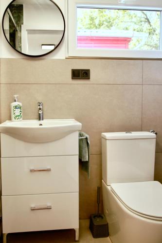 a bathroom with a white sink and a mirror at Officium P47 in Rakamaz