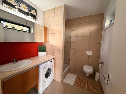a bathroom with a sink and a washing machine at Balino 57 in Balatonlelle