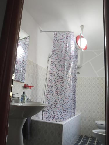 a bathroom with a shower curtain and a sink at La vigna in Costigliole dʼAsti
