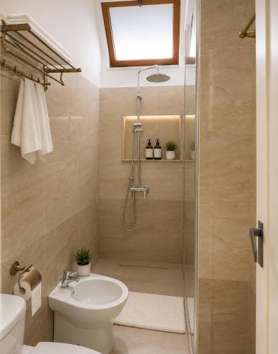 a bathroom with a shower with a toilet and a sink at Apartament Drasa in Gjirokastër