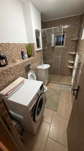 a bathroom with a shower and a toilet and a sink at Modern Apartment in Arad