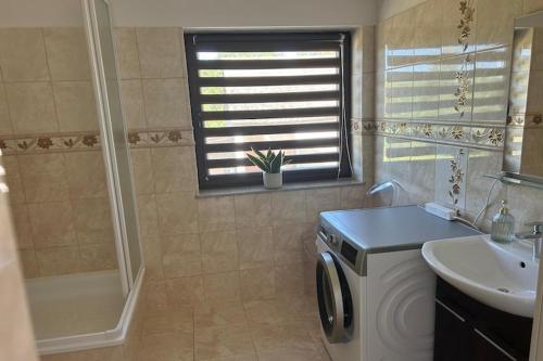 a bathroom with a sink and a washing machine at Apartment in Dabrowa near the Sea in Gostyniec