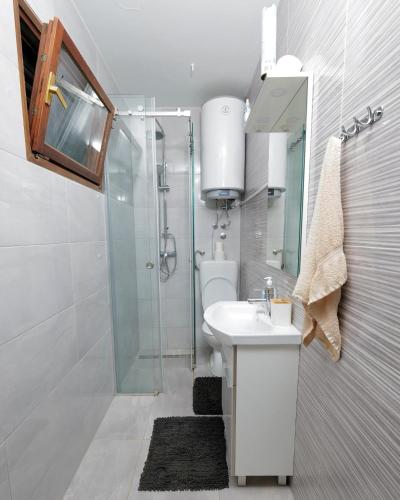 a bathroom with a toilet and a sink and a shower at Kuća za odmor Na jezeru, Šoderica - Fenced Yard & Pet friendly holidayhouse in Legrad