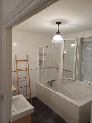 a bathroom with a shower and a tub and a sink at Betty in Saint-Gaudens