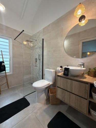 a bathroom with a toilet and a sink and a shower at Filao Cottage Bungalow avec Piscine Privée Proche plages in Sainte-Rose