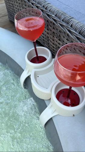 two bowls filled with red liquid sitting on top of water at Vatra Bunătăților- By The Lake in Proeni