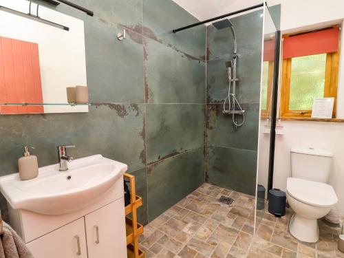 a bathroom with a sink and a shower at Brambly Cabin in Crediton