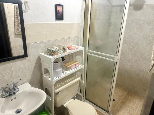 a bathroom with a shower and a toilet and a sink at Casa Solar in Guatapé