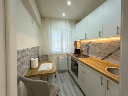 a kitchen with a counter and a sink and a table at Luu's Studio! in Hunedoara