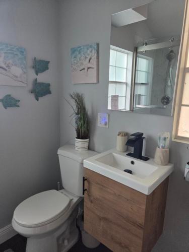 a bathroom with a toilet and a sink at Ranch style tiny home retreat Near Downtown Orlando in Orlando