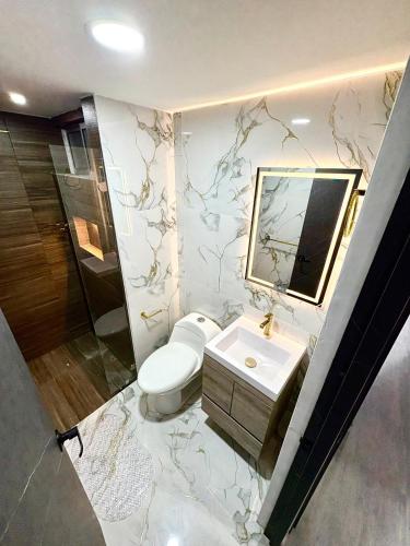 a bathroom with a toilet and a sink and a mirror at Apartamento modero nuevo, 3 habitaciones y parqueadero en conjunto in Neiva