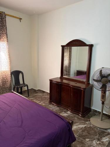 a bedroom with a bed and a dresser with a mirror at الشقة العائلية الحديثة familial new flat in Amman