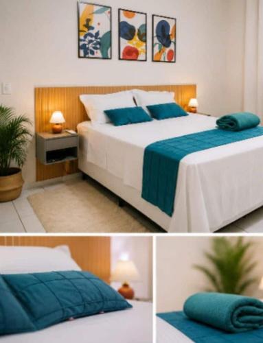 a collage of three pictures of a bedroom at Casa aconchego Casa ampla e completa no centro in Naviraí