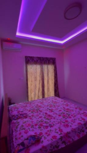 a bedroom with a bed with a purple ceiling at La résidence des lions in Thiès
