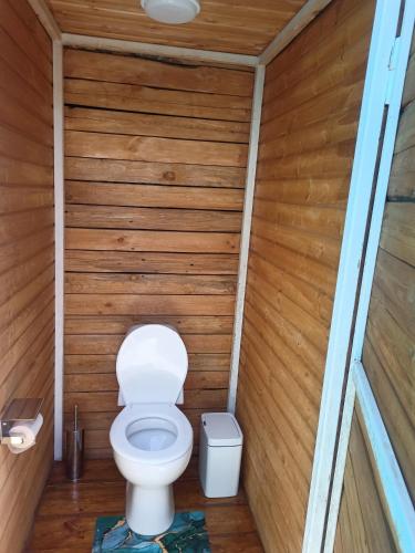 a bathroom with a toilet in a wooden wall at Laguna Relax in Balqash