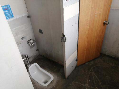 a bathroom stall with a urinal and a door at 駅舎泊ラッセルイン in Hirakawa