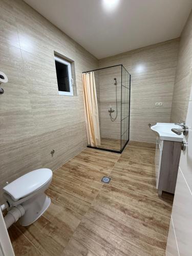a bathroom with a shower and a toilet and a sink at Villa Calypso Sarajevo in Sarajevo