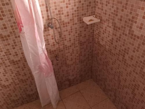 a shower with a shower curtain in a bathroom at Le perchoir bleu in Lomé