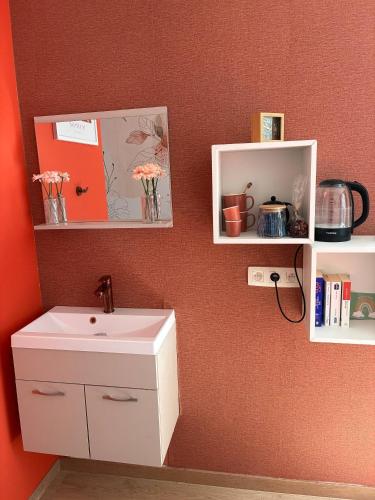 a bathroom with a sink and shelves with flowers at Tastefully-decorated bedroom with garden access in Brussels