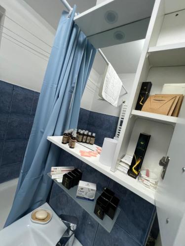 a bathroom with a blue shower curtain and a toilet at Studio Callatis Mangalia in Mangalia