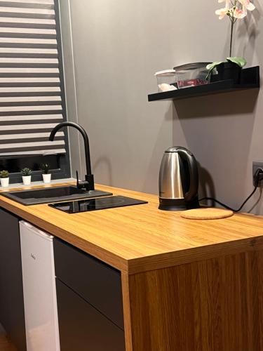 a kitchen counter with a sink and a stove at Stacja Nałęczów 2 in Nałęczów
