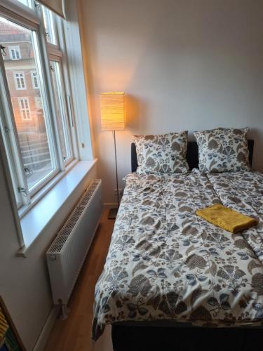 a bedroom with a bed with a lamp and a window at Hotel Damm in Aalborg