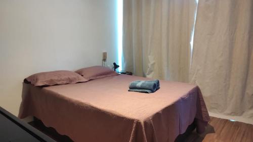 a bed in a bedroom with a pink blanket on it at Lagoa Flats com Super Varanda in Lagoa Santa