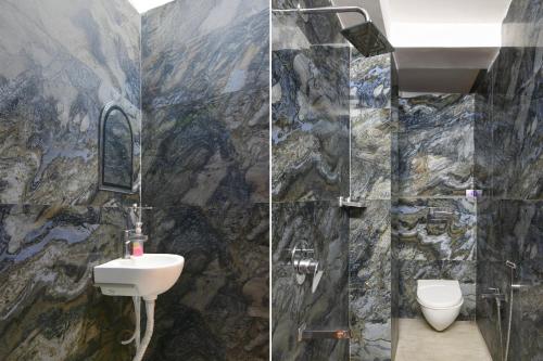 two pictures of a bathroom with a sink and a toilet at Hotel O Calcutta University Formerly Hamza International in Kolkata