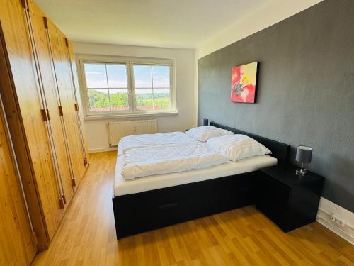 a bedroom with a bed and a window at FeWo Einetal 3 im schönen Ostharz in Harzgerode