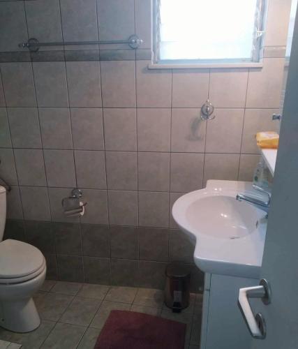 a bathroom with a toilet and a sink at Riverbird House in Kymi