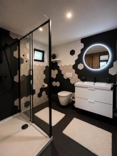 a bathroom with a shower and a toilet and a mirror at The Landscape Barn Homes in Râşnov