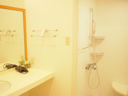 a bathroom with a shower and a sink and a toilet at ゲストハウスノーチェ in Shingū