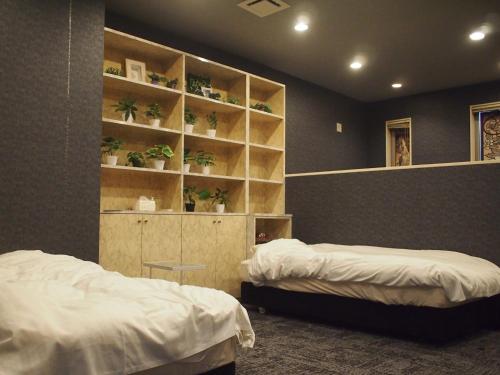 a bedroom with two beds and shelves with plants at ゲストハウスノーチェ in Shingū