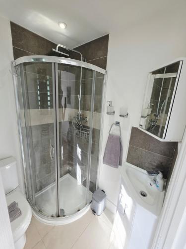 a bathroom with a shower and a toilet and a sink at Kents Hill Studio in Woolstone