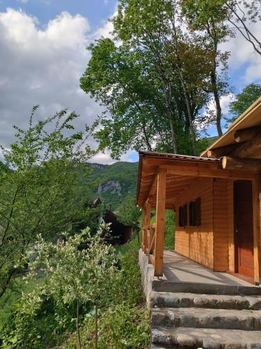 a log cabin with a porch in the mountains at Wildas Cabins, Tara River Canyon in Foča