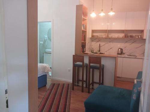 a room with a kitchen with a counter and a kitchen at Narona 1910 apartments in Mostar