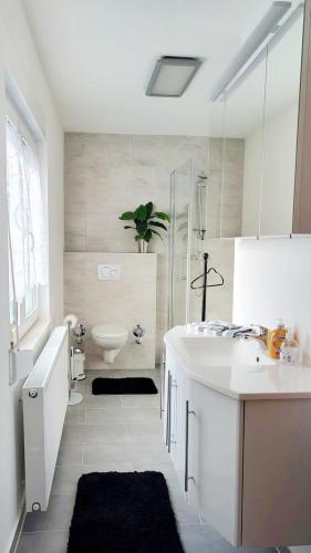 a white bathroom with a sink and a toilet at Nice Apartment mit Balkon in Glauburg in Glauburg