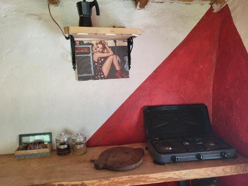 a stove on a wooden shelf with a poster on the wall at Wild mountains in La Brigue
