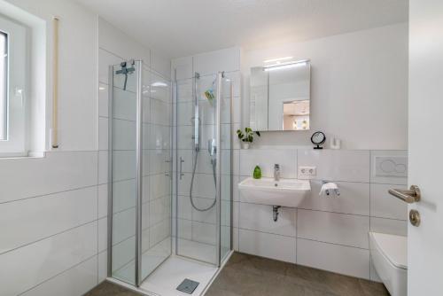 a bathroom with a glass shower and a sink at Apartment Dußlingen in Dußlingen