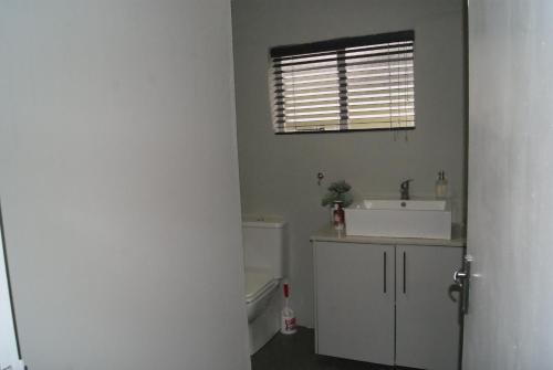 a bathroom with a sink and a toilet and a window at Chalet Kudu in Ladismith