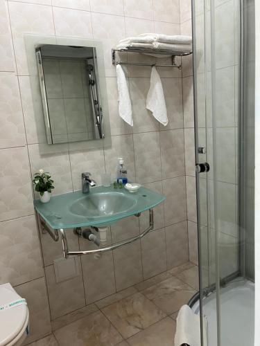 a bathroom with a sink and a shower at Pensiunea Cetatea Craiului in Râşnov