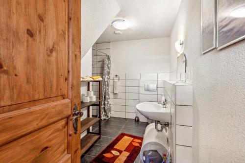a bathroom with a toilet and a sink at Ponyhof Kudowa in Sonnewalde