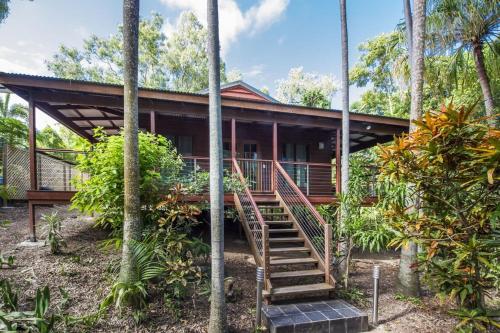 a house in the woods with stairs leading to it at Magnetic Effect in Arcadia